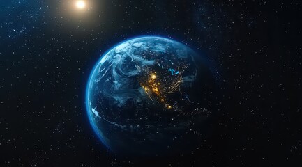 Fototapeta premium The Earth with blue rays, stars, and a glowing sun. Seen from orbit, its surface lights and horizon create a cosmic spectacle. Ideal for space, planetary views. 