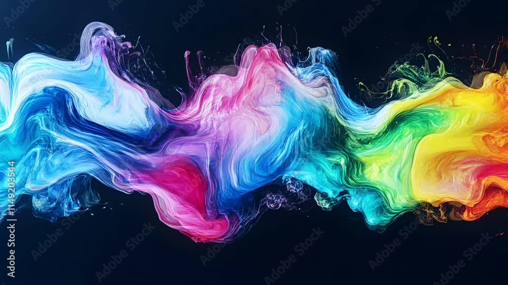 Poster Fluid Colorful Motion. Abstract Flowing Rainbow Gradient on Black Background. Stunning Artistic Display with Smooth Color Transitions and Dynamic Energy.