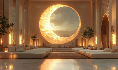 A serene interior with a large crescent moon window, creating a tranquil atmosphere.