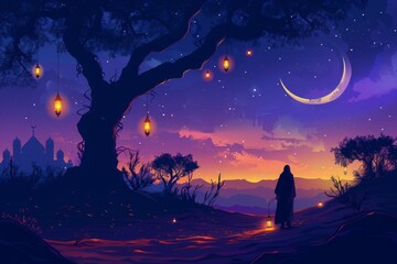 a muslim is ready to face the blessed month of ramadhan while carrying a lantern at night.