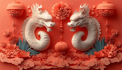 Obraz premium White Dragon Statues on an Orange Background.