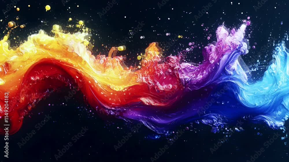 Aufkleber Vibrant Splash of Colors. Dynamic Abstract Flowing Paint Strokes on Black Background. Stunning Artistic Expression with a Rainbow Gradient Effect.