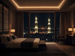 Beautiful view mecca through window from hotel	bedroom