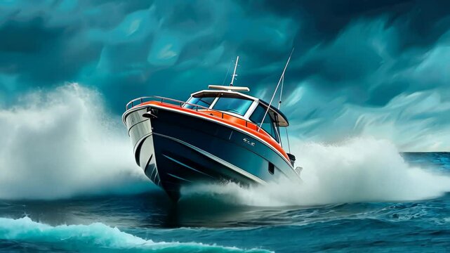 Exciting image of a speed boat slicing through waves, creating dramatic splashes and wake.