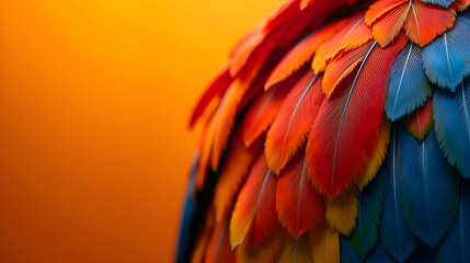 Obraz premium A symphony of vibrant hues: Red, orange, and blue feathers create a breathtaking spectacle against a warm orange backdrop. Nature's artistry at its finest!