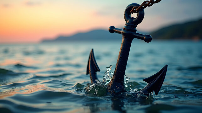 Sunset hues paint the sea as a dark anchor, slightly submerged, rests peacefully amidst gentle waves.  A scene of tranquility and hope.
