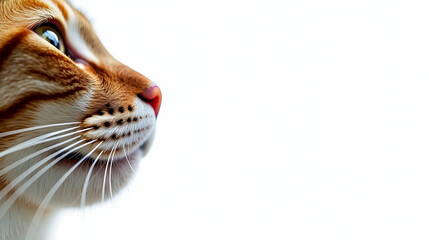 A ginger cat's profile, eyes gleaming, whiskers prominent against a stark white backdrop.  A captivating feline portrait!