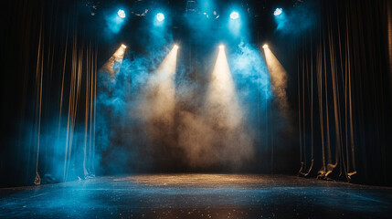 Dramatic stage setup with fog and colorful lights creating a captivating atmosphere. 