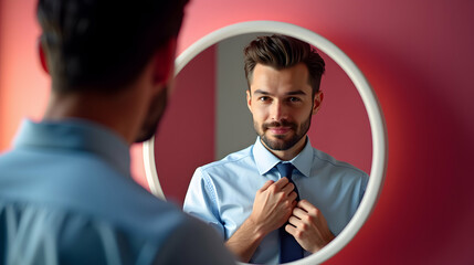 A young man meticulously adjusts his tie, gazing intently at his reflection in a circular mirror against a vibrant red backdrop.  He exudes confidence and preparation.