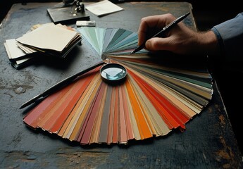 A hand selects paint swatches from a colorful fan while surrounded by papers and tools, showcasing the intricate process of color choice in design and art.