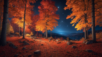 A Stunning View of a Beautiful Fall Forest at Night Illuminated by the Moonlight