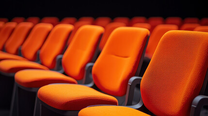 Fototapeta premium Rows of vibrant orange theater seats in dimly lit auditorium