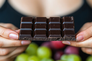 A woman is holding a piece of chocolate in her hand