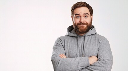 Happy Young Man with Beard Wearing Grey Hood Smiling Cheerfully