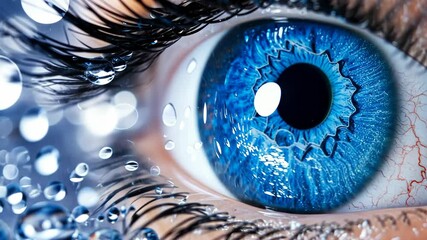 Close-up of a blue eye with water droplets highlighting intricate details and vibrant colors