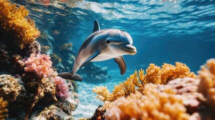 A dolphin glides gracefully underwater, exploring the ocean's wonders among vibrant coral reefs. It's a captivating display of marine life's beauty. Ideal for ocean - themed media, wildlife photograph