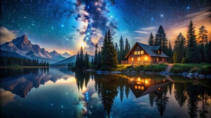 Fototapeta premium Majestic Mountain Cabin Lakeside Night Photography - Stunning Starry Sky Reflection