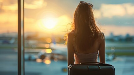 Fototapeta premium Woman at Airport Watching Sunset, Waiting for Flight Departure