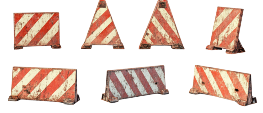 Set of old construction striped barricades