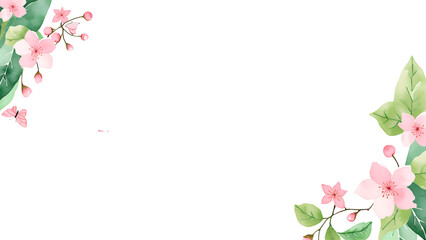 Spring Floral Frame with Watercolor Cherry Blossoms and Green Leaves