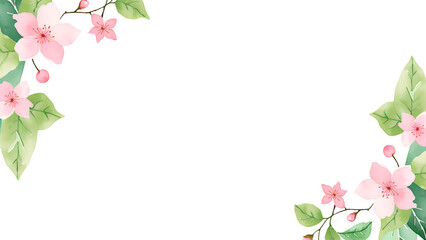 Spring Floral Frame with Watercolor Cherry Blossoms and Green Leaves