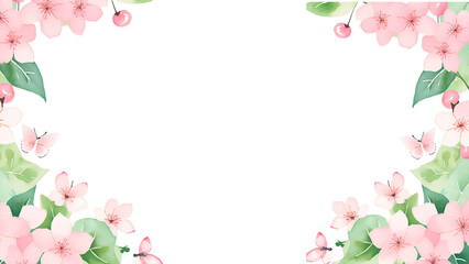 Spring Floral Frame with Watercolor Cherry Blossoms and Green Leaves