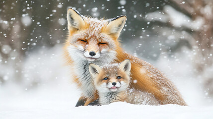 Obraz premium Adorable fox family in the winter, a mother fox and her baby cub in the snow, showcasing wildlife love and motherhood in a cute and happy little child portrait.