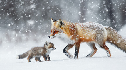 Obraz premium Adorable fox family in the winter, a mother fox and her baby cub in the snow, showcasing wildlife love and motherhood in a cute and happy little child portrait.