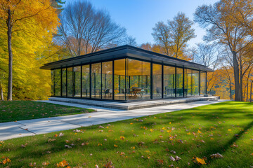 Obraz premium Modern glass house with panoramic views, open floor plans, and minimalist furniture. Interior design, 3D render, Home decoration