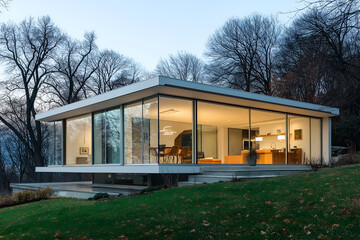 Fototapeta premium Modern glass house with panoramic views, open floor plans, and minimalist furniture. Interior design, 3D render, Home decoration
