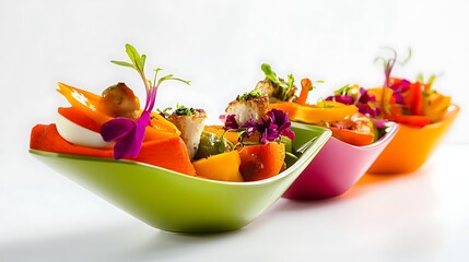 A colorful arrangement of plated dishes from various cuisines, emphasizing vibrant textures on a clean white background 