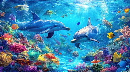 Two Dolphins Swimming Through a Vibrant Coral Reef