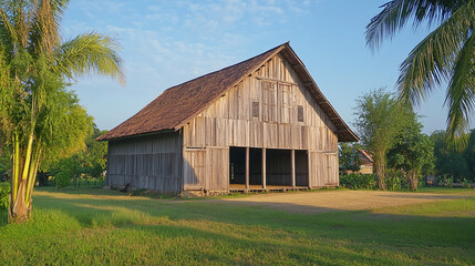 Obraz premium Old wooden barn, a rustic building for harvest storage and wheat seed, located in the countryside, traditional agriculture ranch house for farming.