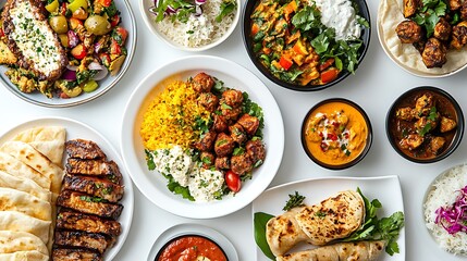 A detailed view of plated international cuisine, highlighting bold flavors and clean designs on white 