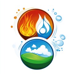 Four elements fire, water, air, earth, in circles.