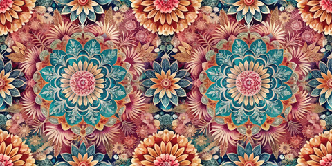 A vibrant floral pattern with intricate designs in warm colors, blending teal, coral, and gold tones, creating a harmonious garden feel.