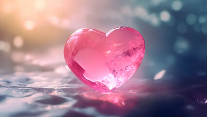 Fototapeta premium A pink heart shaped crystal. Crystal, diamond, shape, heart pink crystal glare light. A glare of pink light from a crystal. Lifestyle.