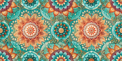 Vibrant floral pattern featuring intricate designs in teal and orange hues, emanating a joyful and artistic vibe.