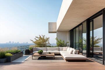 Spacious modern patio with city view. Luxury home boasts large outdoor lounge area. Wooden deck blends seamlessly with light beige furniture. Skyline view, green plants contemporary design. Empty