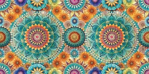 Colorful floral mandala design featuring intricate patterns and vibrant hues.