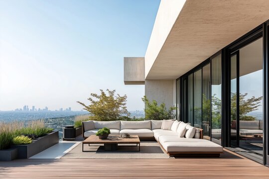 Spacious modern patio with city view. Luxury home boasts large outdoor lounge area. Wooden deck blends seamlessly with light beige furniture. Skyline view, green plants contemporary design. Empty
