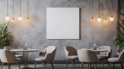 Modern Restaurant Interior Design Mockup Blank Canvas, Beige Armchairs, and Industrial Lighting on Concrete Wall