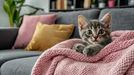 Playful gray kitten snuggled in cozy pink blanket living room pet photography indoor close-up