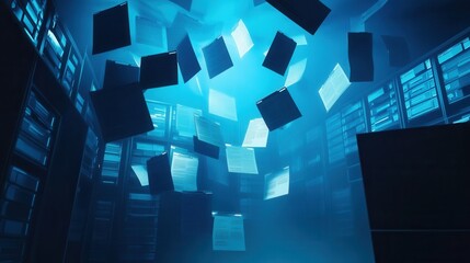 Abstract Futuristic Data Center with Floating Documents Digital Information and Cloud Computing Concept