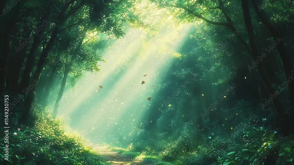 Poster sunlit forest path. lush greenery with sunbeams piercing through canopy. peaceful nature scene with 
