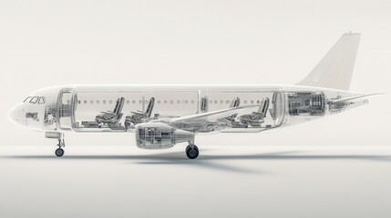 Wireframe Model of a Passenger Airplane Interior and Exterior Design, 3D Rendering, Transparent View