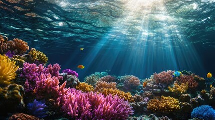 Fototapeta premium Sunbeams Illuminating a Vibrant Coral Reef