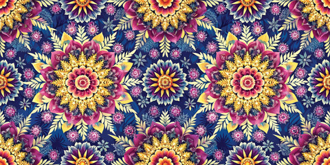 Colorful floral pattern featuring vibrant mandalas in shades of pink, yellow, and blue with intricate details.