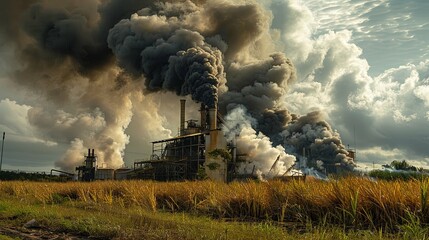 Fototapeta premium Industrial Plant Spewing Thick Black Smoke into Cloudy Sky