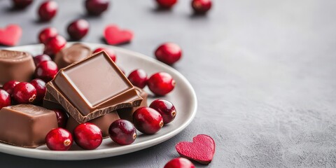 Chocolate with cranberries in plate. Fruit with chocolate on Valentine's Day background.